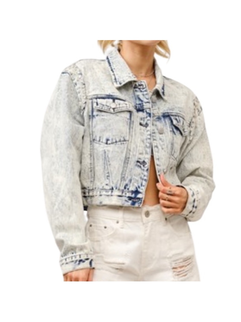 Cropped Acid-Wash Denim Jacket - Light Blue